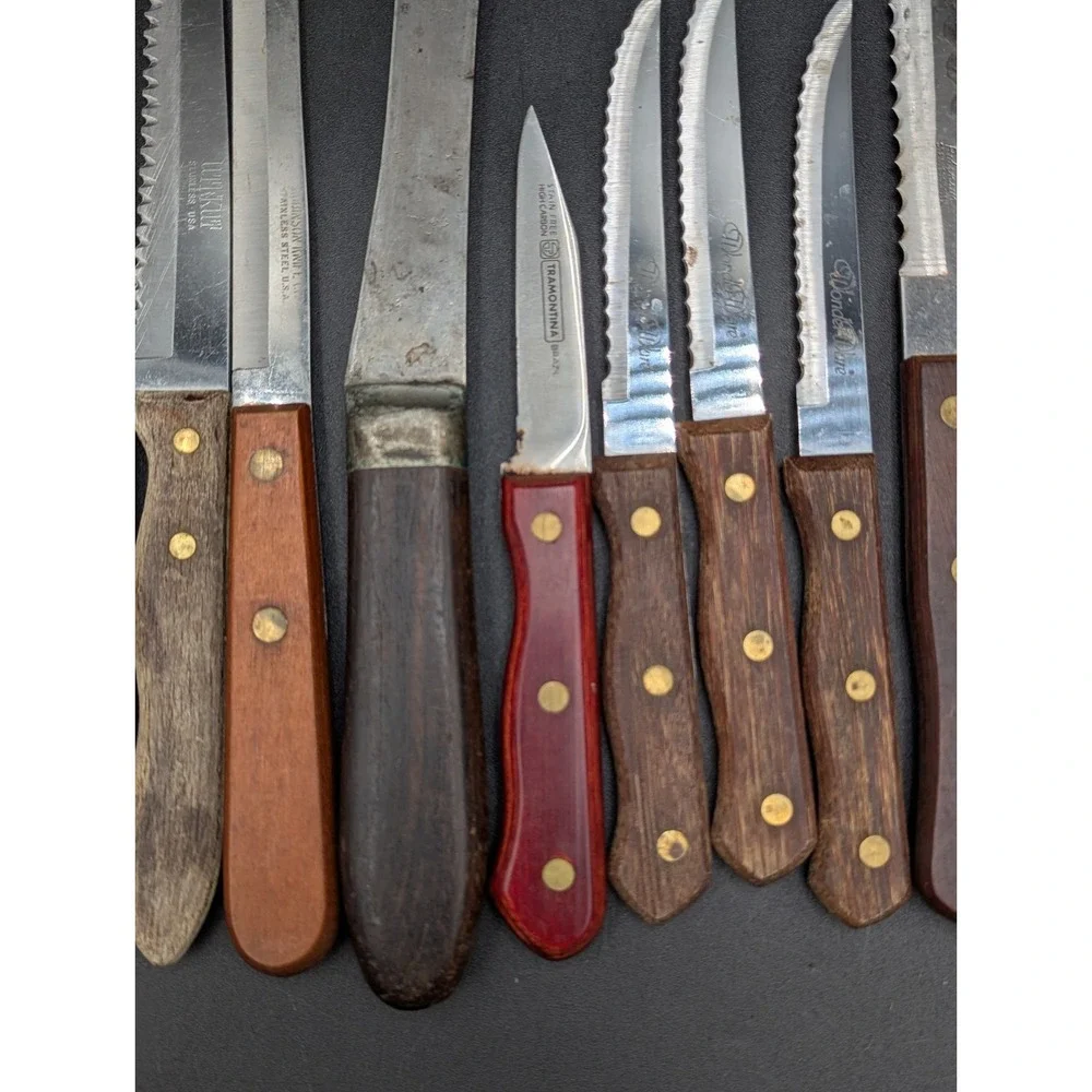 Mix Lot of 12 VTG Knife Knives Wood Handle Brass Rivets USA Chef Butcher Bread